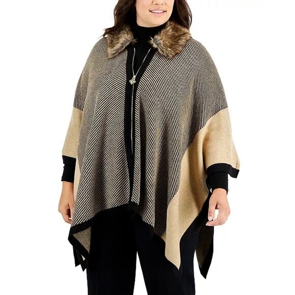 New Anne Klein Detachable Faux Fur-Trimmed Zip-Up sweater Poncho $159 2X/3X - Picture 2 of 12